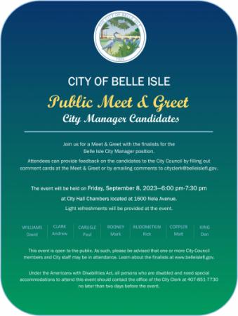 Meet & Greet City Manager Candidates Flyer - Sept 8 2023