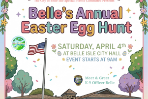 Easter Egg Hunt Flyer April 4 2026 with a Pic of City Hall, Children and Canine Officer Belle